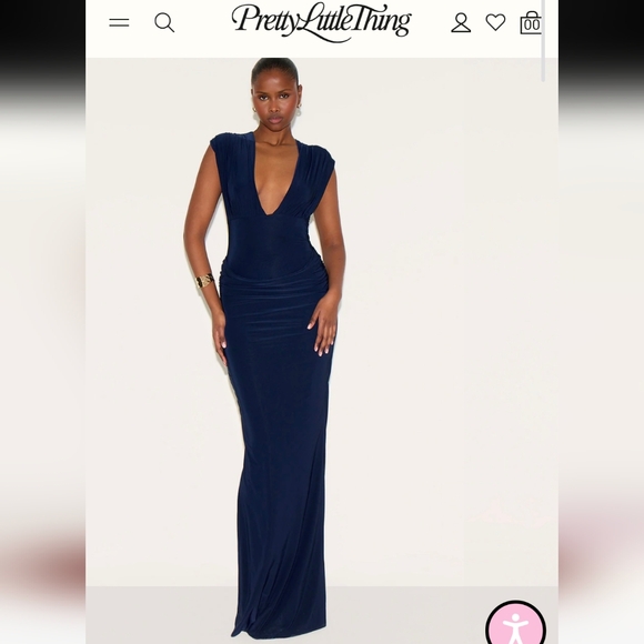 NWT PrettyLittleThing Navy Double Layer Plunge Ruched Shoulder Drape Waist Maxi - Picture 1 of 6